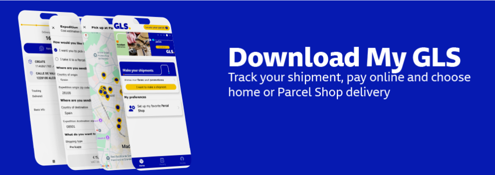 My GLS app screen from GLS displaying shipment tracking, online payment and the option to choose home or Parcel Shop delivery from a mobile device.