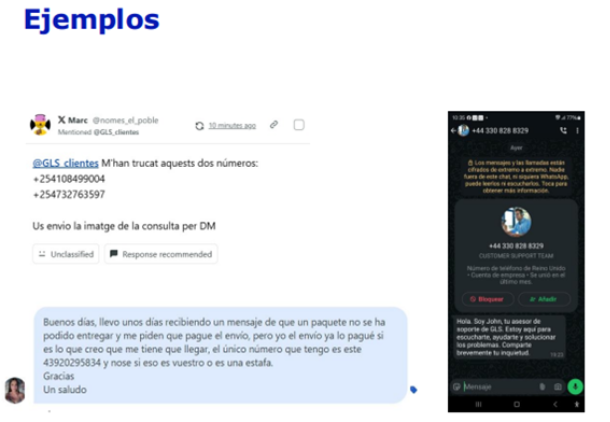 Ejemplo de suplantación de identidad relacionada con GLS, con mensajes sospechosos sobre entregas de paquetes no realizadas, números de contacto desconocidos y posibles intentos de estafa a través de SMS o WhatsApp.