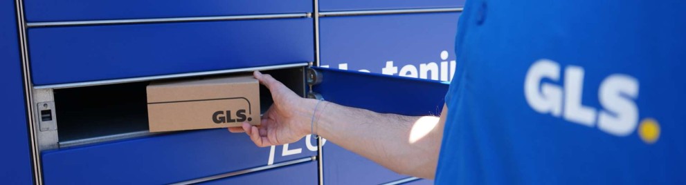GLS Parcel Locker for parcel pickup with blue automated lockers and self-service touchscreen.