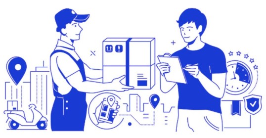 A delivery person handing over a package to a customer, with illustrative elements around parcel delivery and transportation, including a scooter, a map, and a smartphone.