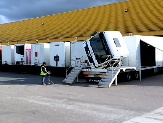 Crash test simulation during a road safety awareness event organised by GLS France, featuring a vehicle on a simulator reproducing real accident conditions.