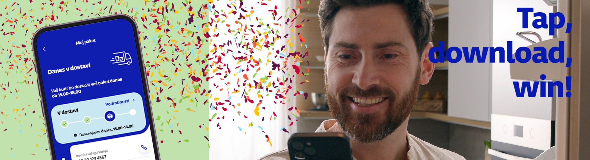 Man looking in to the phone and phone with confetti in background